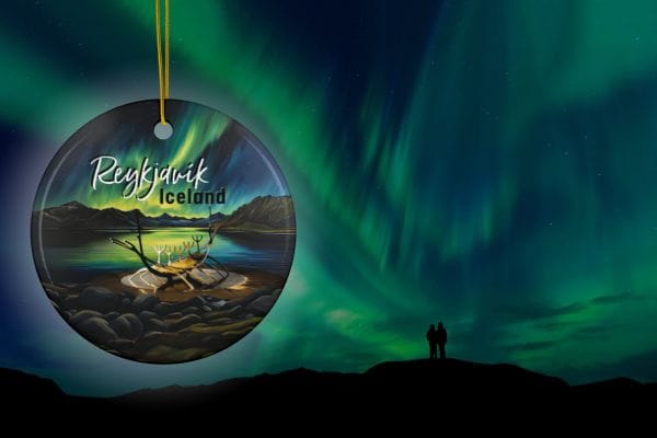 FernwehTravelGifts.com Iceland Northern Lights over Reykjavik Sun Voyager Sculpture Souvenir Ornament