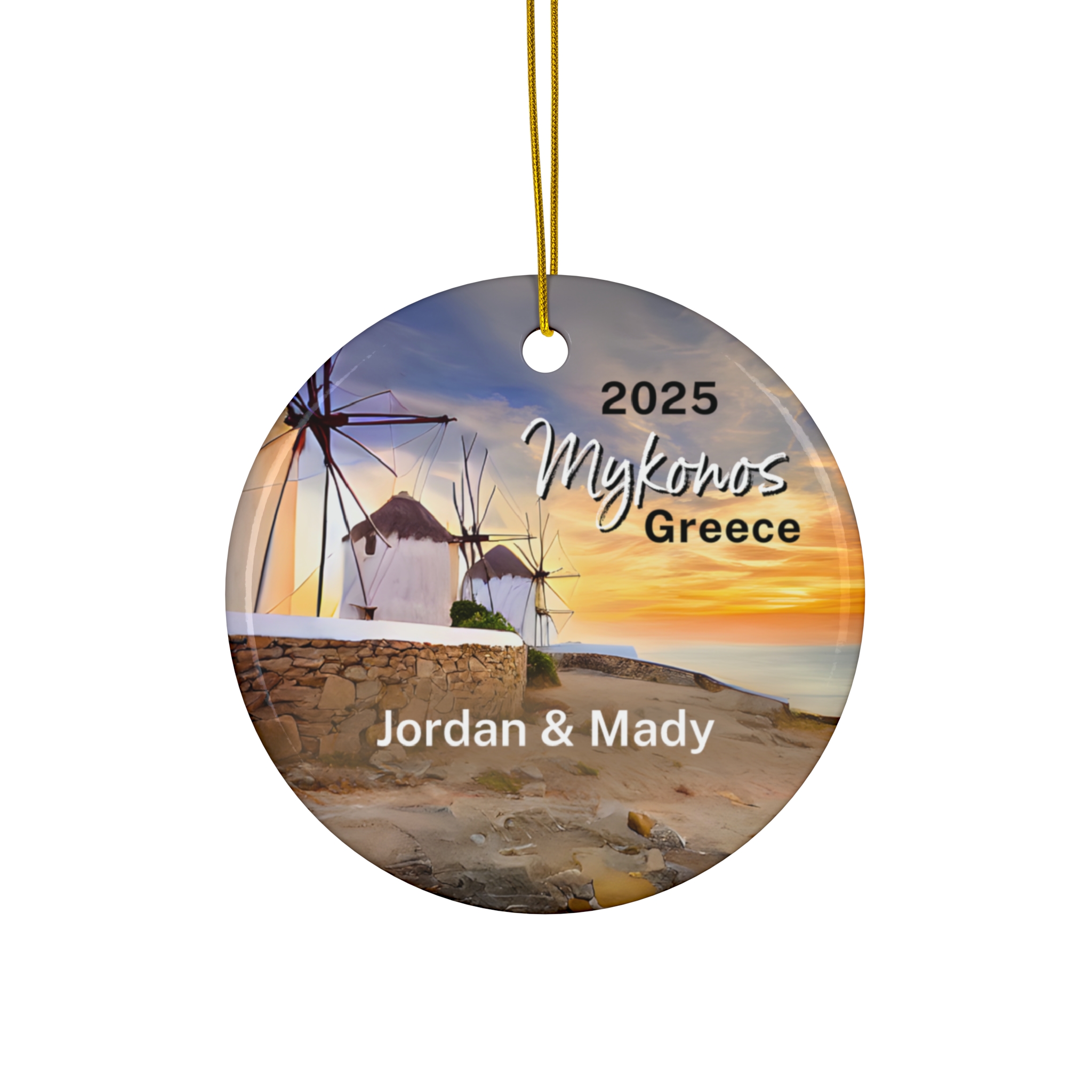 Mykonos Greece Windmills Ornament: Single-Sided + Year + Personalization