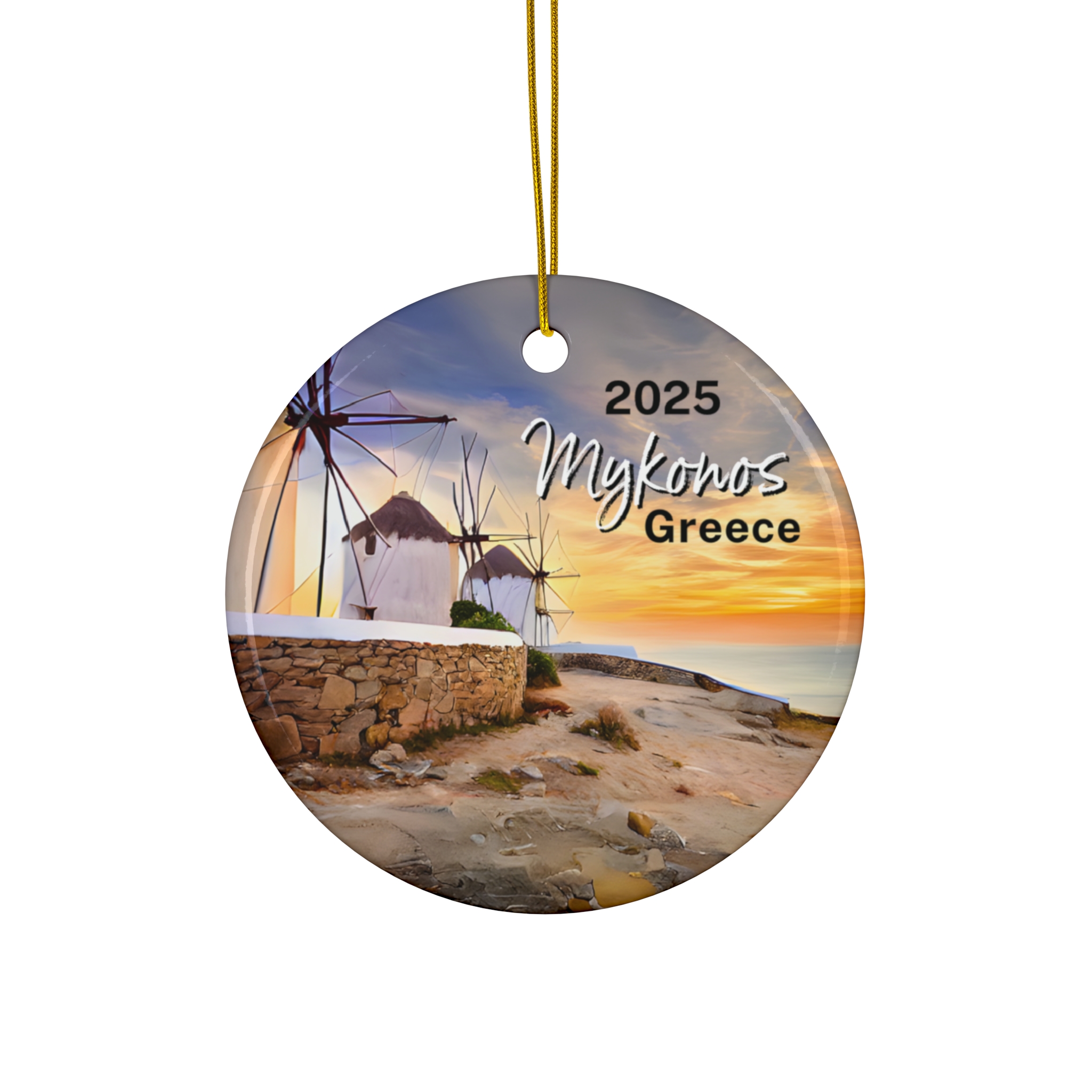 Mykonos Greece Windmills Ornament: Single-Sided + Year