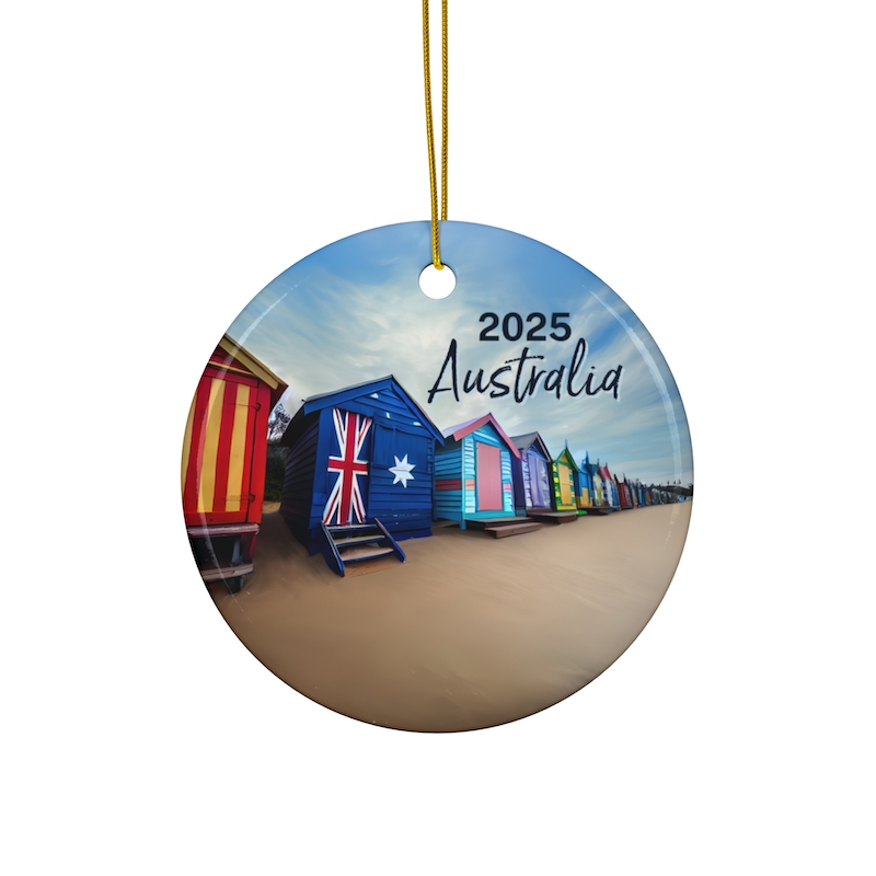Custom Year Fernweh Travel Ornament - Australia Flag on Melbourne Beach Houses