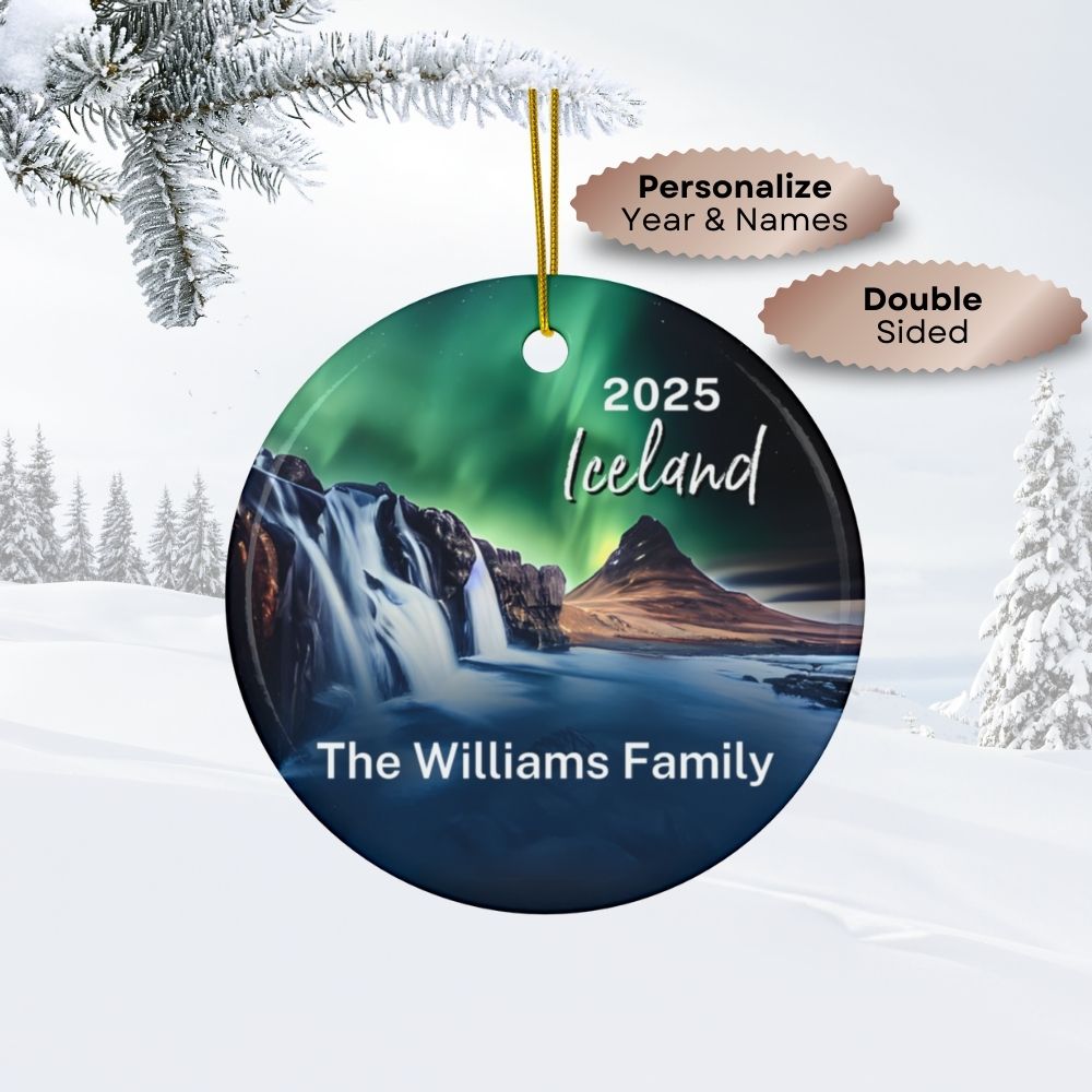 2025 Personalized Double-Sided Iceland Ornament - Northern Lights over Kirkjufellsfoss Waterfall