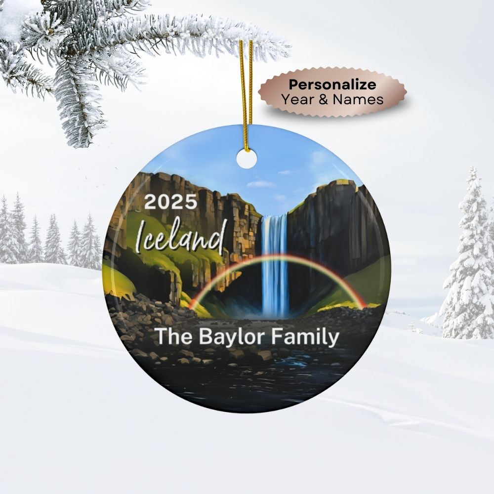 2025 Personalized Iceland Ornament: Skogafoss Waterfall with a rainbow