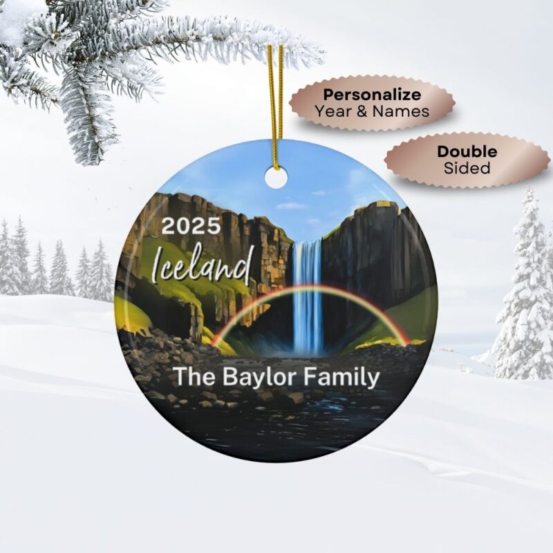 2025 Personalized Double-Sided Iceland Ornament: Skogafoss Waterfall with a rainbow