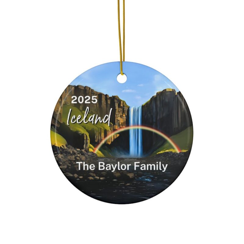 2025 Personalized Double-Sided Iceland Ornament: Skogafoss Waterfall with a rainbow