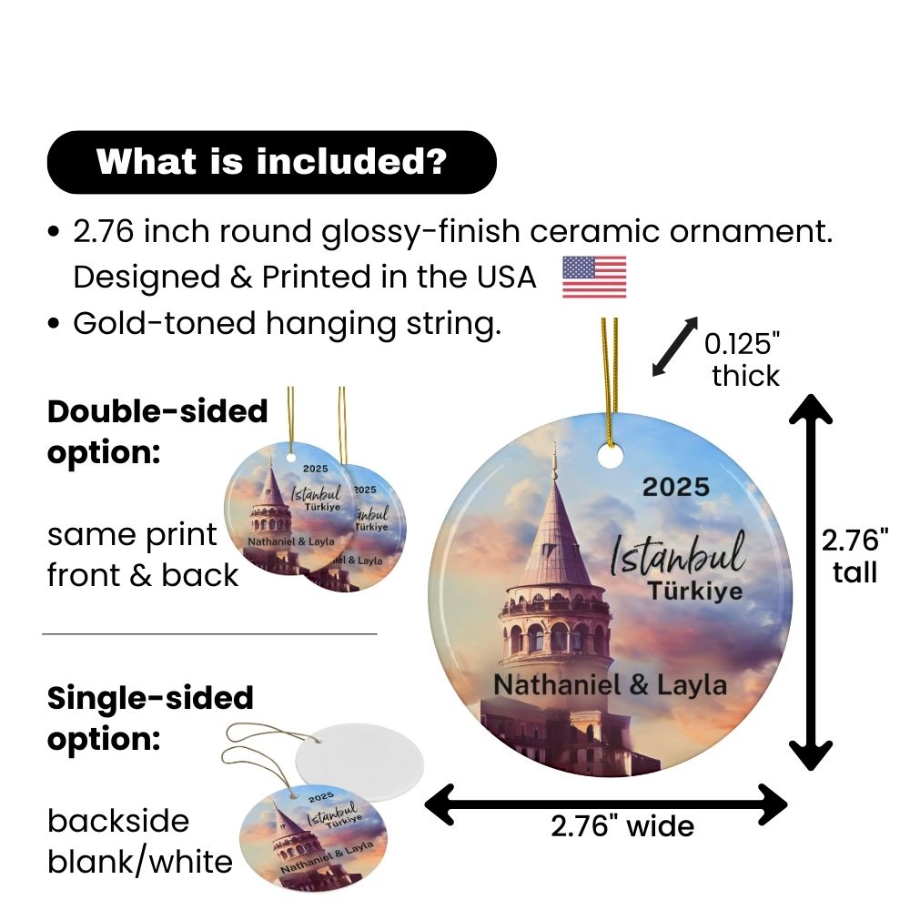 2025 Istanbul Turkey Galata Tower Personalized Christmas Ornament Travel Souvenir - Double-Sided Ceramic Ornament Details