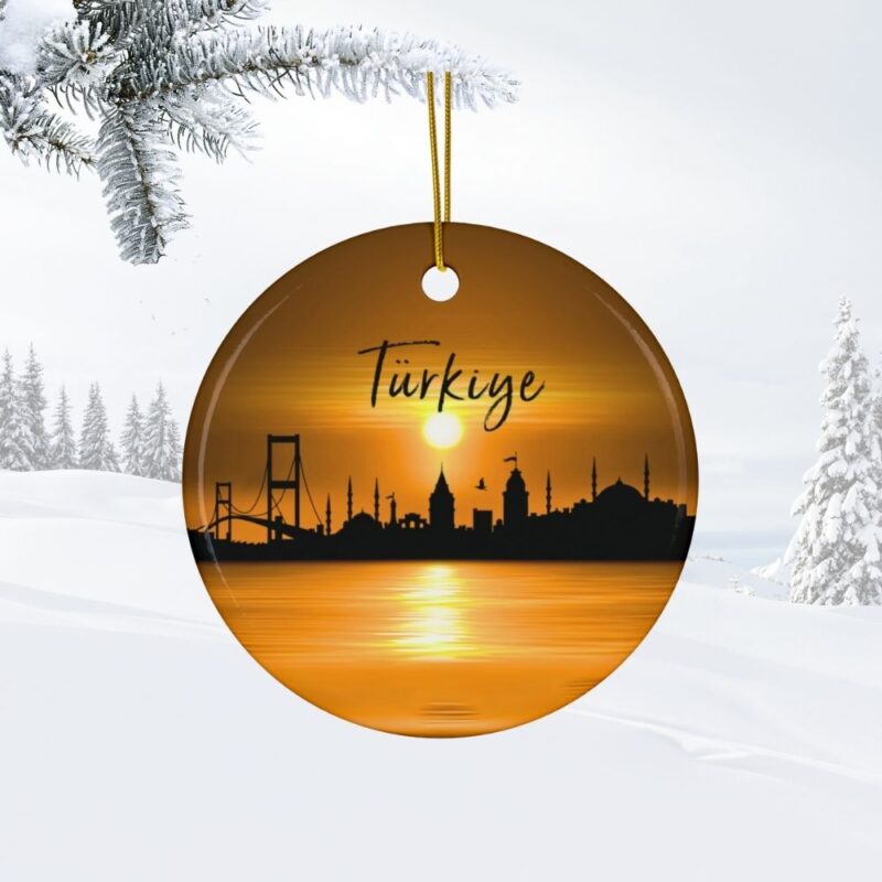 2025 Istanbul Turkey Skyline Ceramic Personalized Christmas Double-Sided Ornament: Sunset over the Bosphorus Strait with City Skyline Silhouette