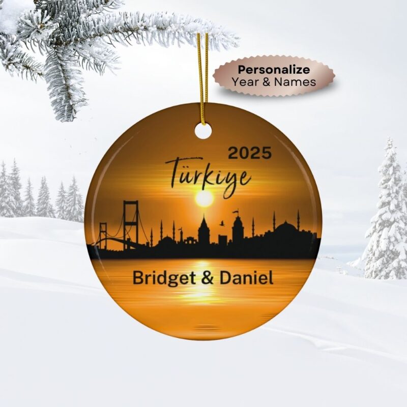 2025 Istanbul Turkey Skyline Ceramic Personalized Christmas Ornament: Sunset over the Bosphorus Strait with City Skyline Silhouette