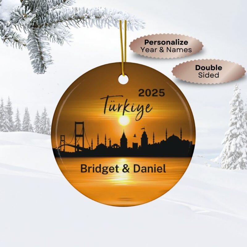 2025 Istanbul Turkey Skyline Ceramic Personalized Christmas Double-Sided Ornament: Sunset over the Bosphorus Strait with City Skyline Silhouette