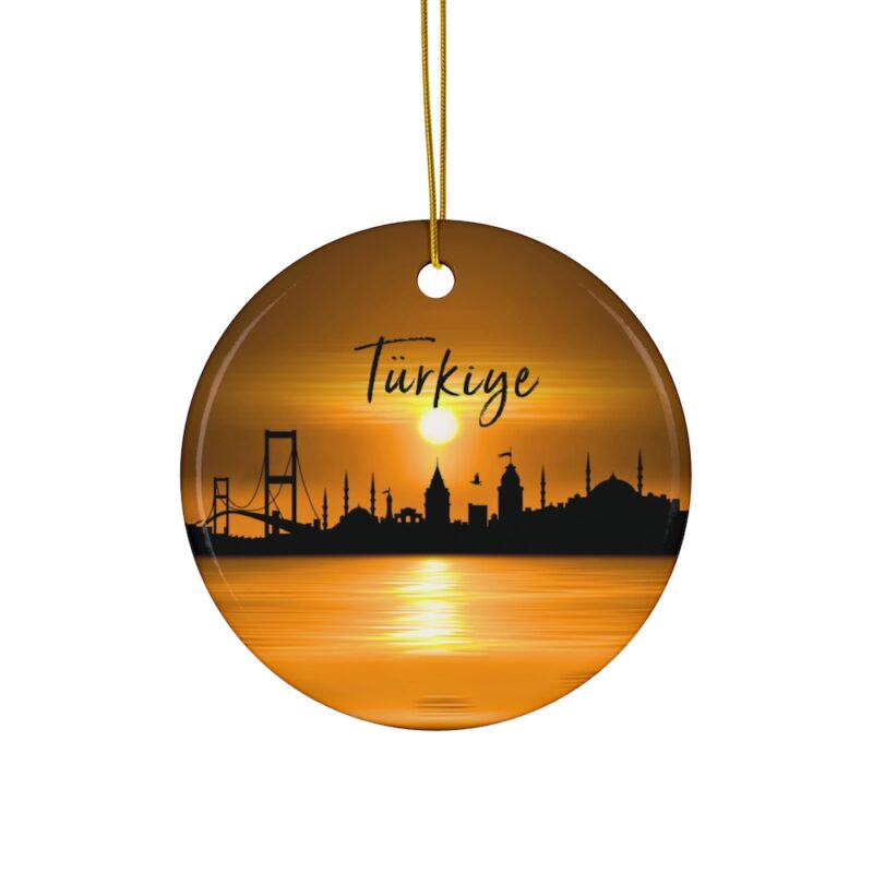 Istanbul Turkey Skyline Ceramic Ornament: Sunset over the Bosphorus Strait with City Skyline Silhouette