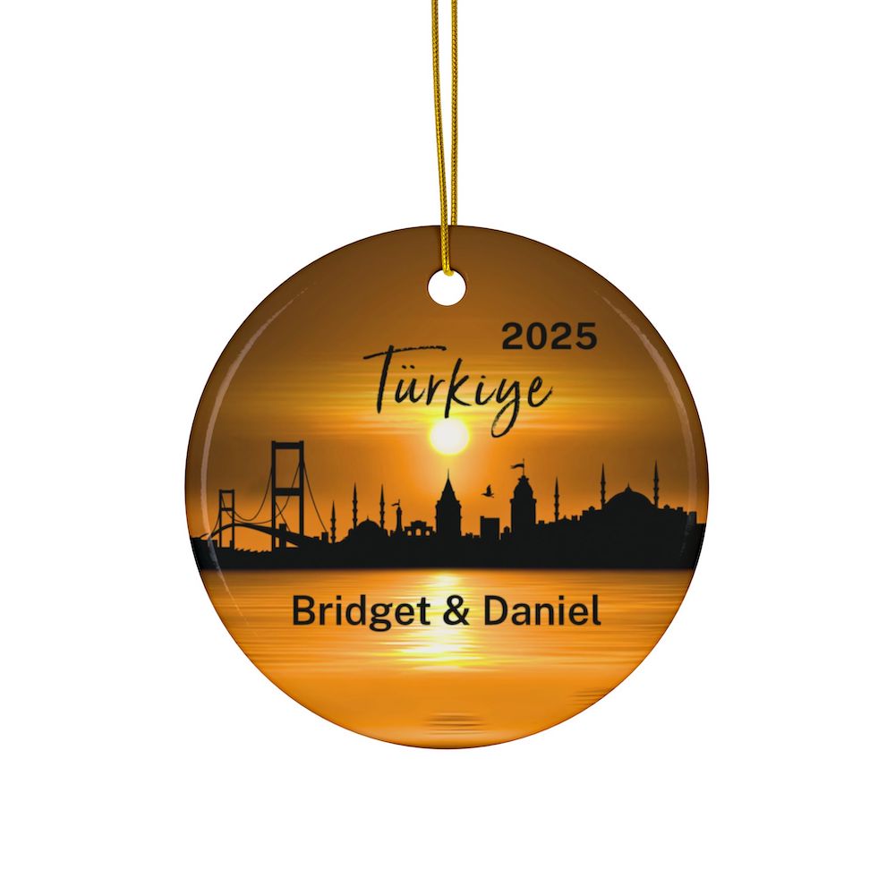 2025 Istanbul Turkey Skyline Ceramic Personalized Christmas Double-Sided Ornament: Sunset over the Bosphorus Strait with City Skyline Silhouette