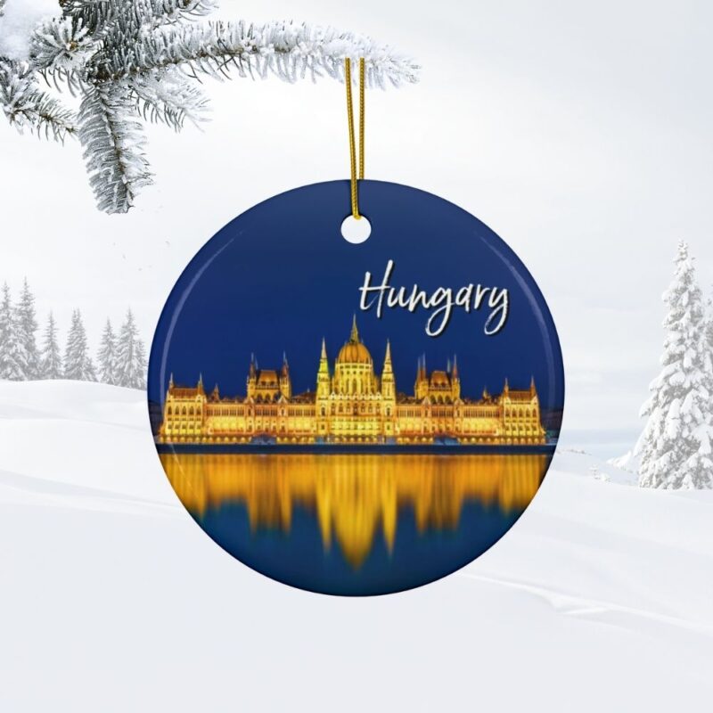 Hungary Ceramic Christmas Ornament - Budapest Parliament reflecting on the Danube River at Blue Hour