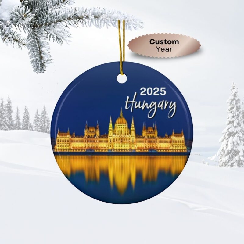 2025 Hungary Ceramic Christmas Ornament - Budapest Parliament reflecting on the Danube River at Blue Hour