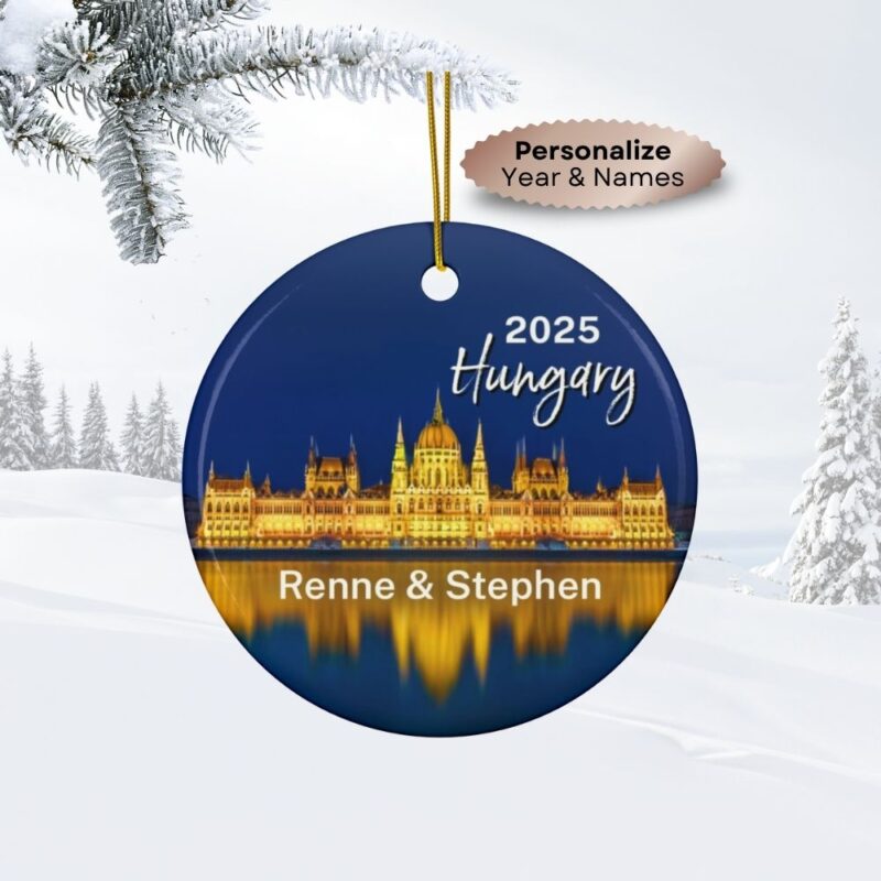 2025 Personalized Hungary Ceramic Christmas Ornament - Budapest Parliament reflecting on the Danube River at Blue Hour