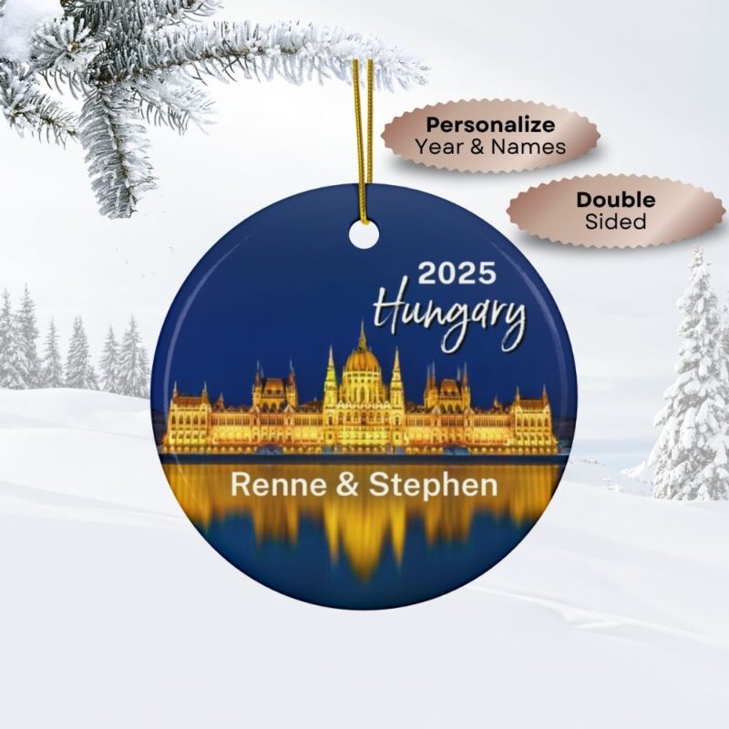 2025 Personalized Hungary Ceramic Christmas Ornament Double-Sided - Budapest Parliament reflecting on the Danube River at Blue Hour