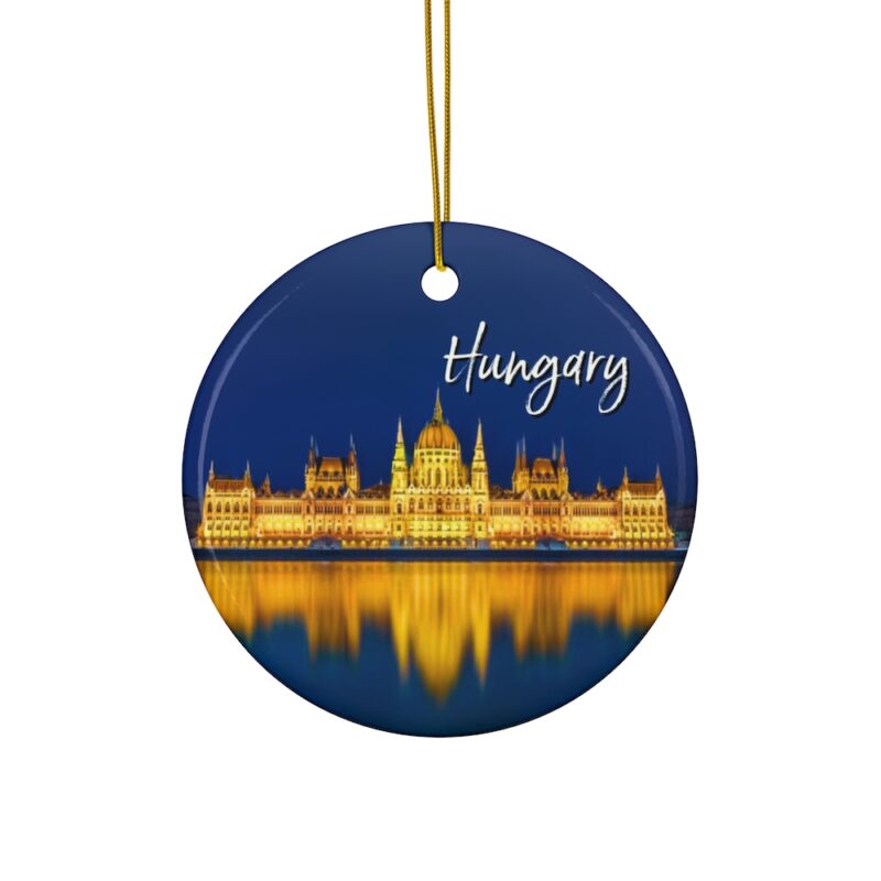 Hungary Ceramic Christmas Ornament - Budapest Parliament reflecting on the Danube River at Blue Hour