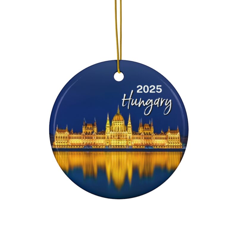 2025 Hungary Ceramic Christmas Ornament - Budapest Parliament reflecting on the Danube River at Blue Hour