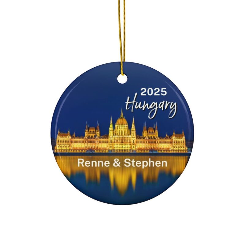 2025 Personalized Hungary Ceramic Christmas Ornament Double-Sided - Budapest Parliament reflecting on the Danube River at Blue Hour