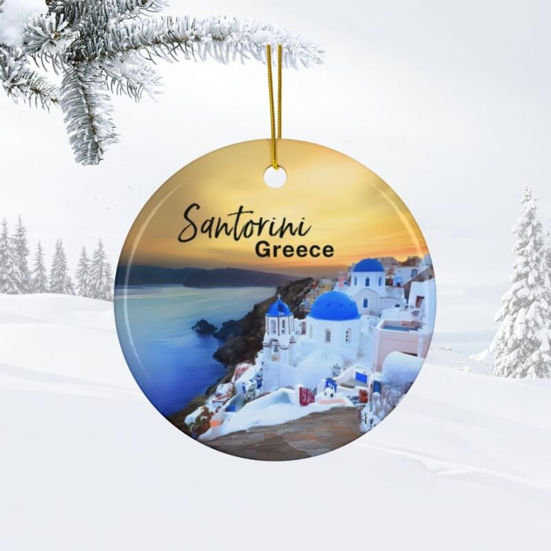 Santorini Greece Christmas Ornament: A view of Blue Domes with an iconic Santorini sunset.