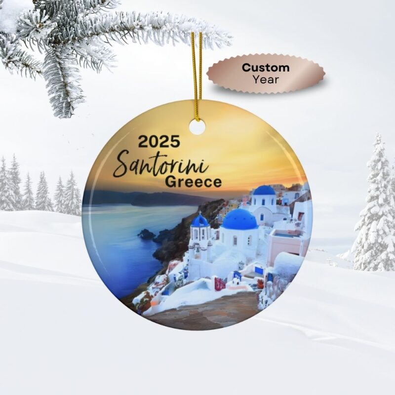 2025 Santorini Greece Christmas Ornament: A view of Blue Domes with an iconic Santorini sunset.