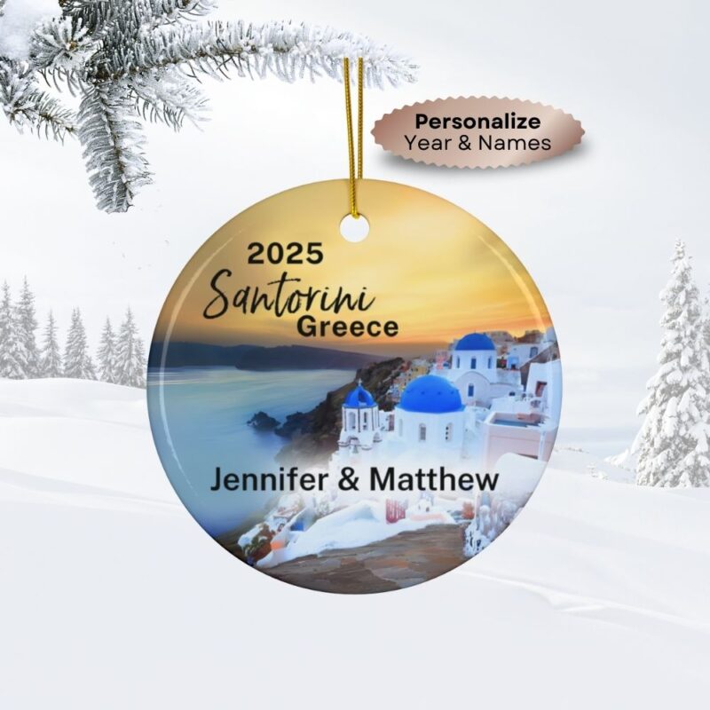 2025 Santorini Greece Christmas Personalized Ornaments: A view of Blue Domes with an iconic Santorini sunset.