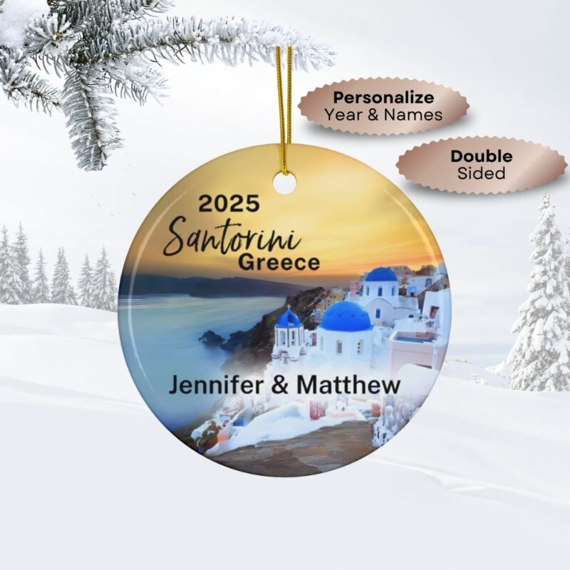 2025 Santorini Greece Christmas Personalized Ornaments Double-Sided: A view of Blue Domes with an iconic Santorini sunset.