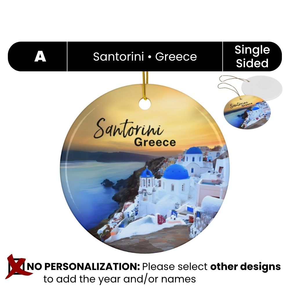 Santorini Greece Christmas Ornament: A view of Blue Domes with an iconic Santorini sunset.
