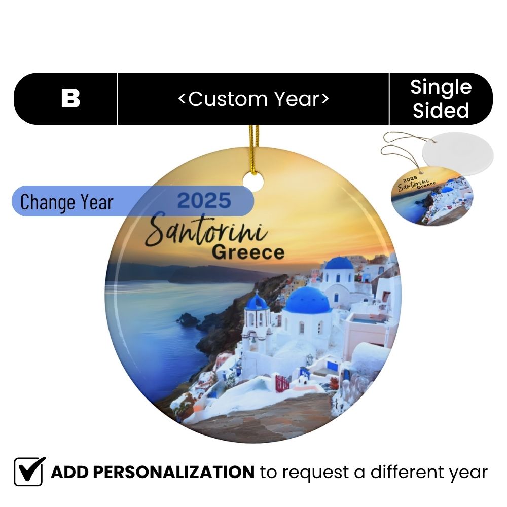 2025 Santorini Greece Christmas Ornament: A view of Blue Domes with an iconic Santorini sunset.