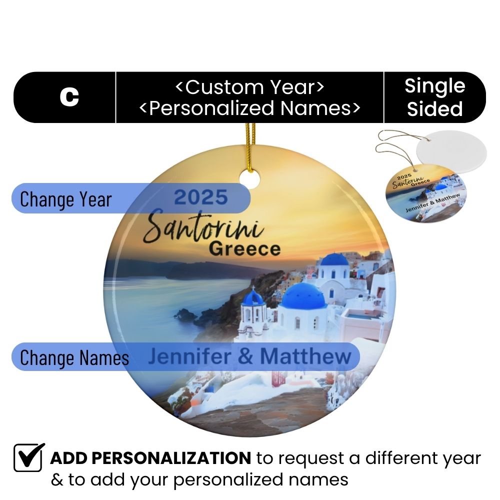 2025 Santorini Greece Christmas Personalized Ornaments: A view of Blue Domes with an iconic Santorini sunset.