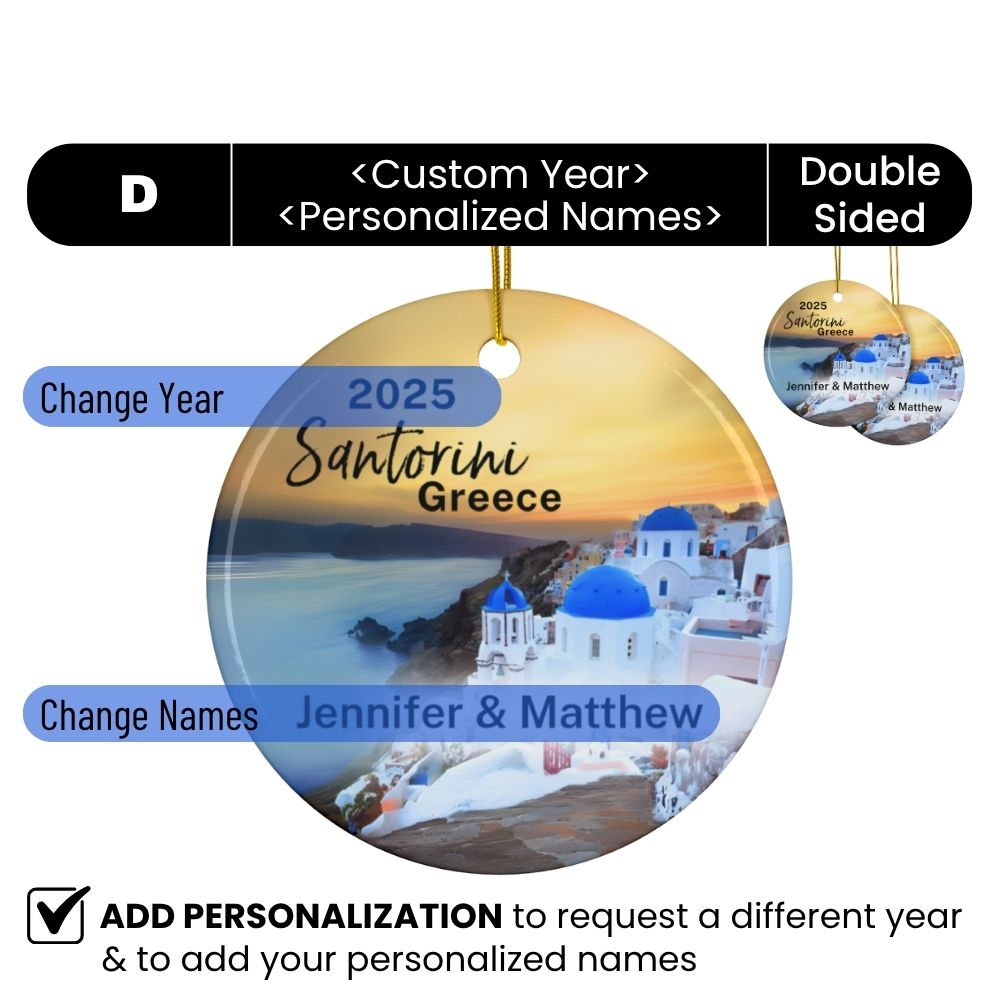 2025 Santorini Greece Christmas Personalized Ornaments Double-Sided: A view of Blue Domes with an iconic Santorini sunset.