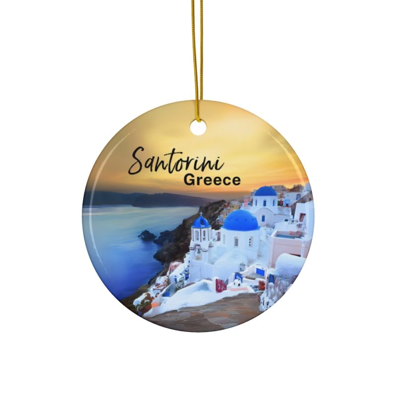 Santorini Greece Christmas Ornament: A view of Blue Domes with an iconic Santorini sunset.