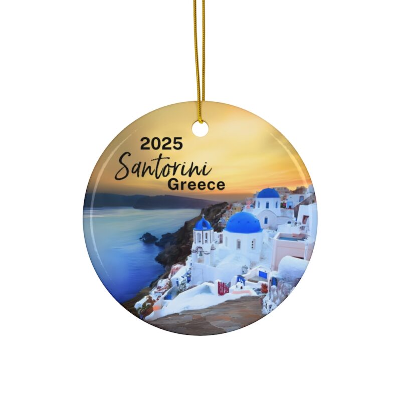 2025 Santorini Greece Christmas Ornament: A view of Blue Domes with an iconic Santorini sunset.