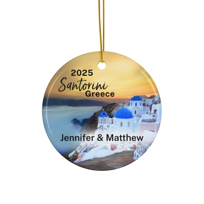 2025 Santorini Greece Christmas Personalized Ornaments Double-Sided: A view of Blue Domes with an iconic Santorini sunset.