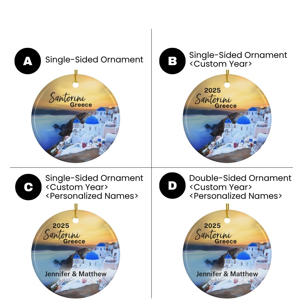 2025 Santorini Greece Christmas Personalized Ornaments: A view of Blue Domes with an iconic Santorini sunset. Variations