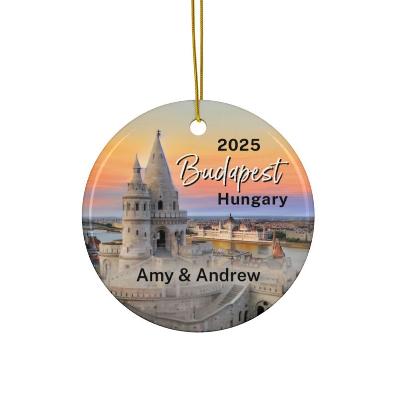 2025 Personalized Budapest Hungary Christmas Ornaments Double-Sided: Fisherman's Bastion at Sunset