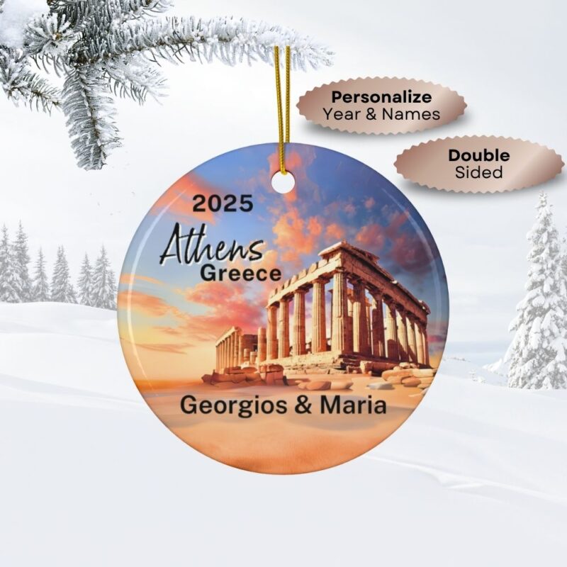 2025 Athen Greece Christmas Personalized Ornaments Ceramic Double-Sided: Acropolis at Sunset