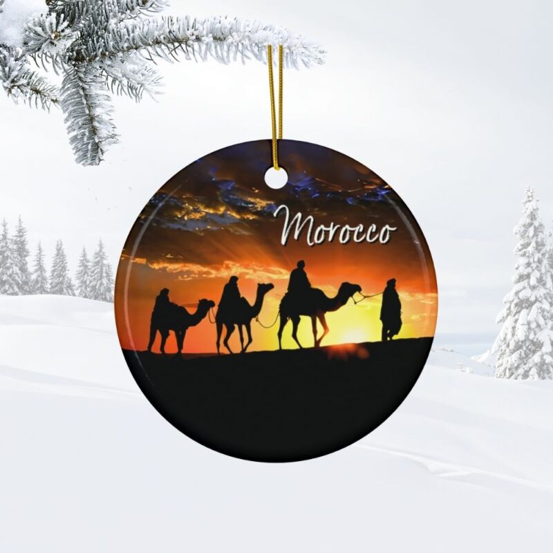 Morocco Ceramic Ornaments: Camel Caravan over the Desert Dunes at Sunset