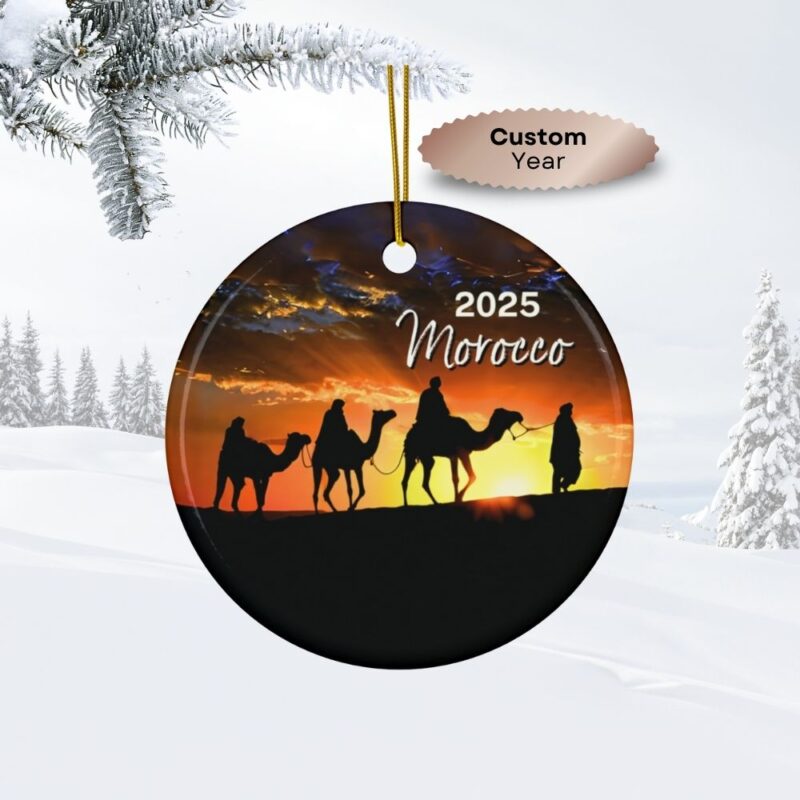 2025 Morocco Personalized Ornaments: Camel Caravan over the Desert Dunes at Sunset