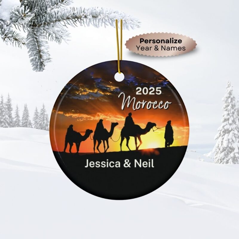 2025 Morocco Personalized Ornaments: Camel Caravan over the Desert Dunes at Sunset