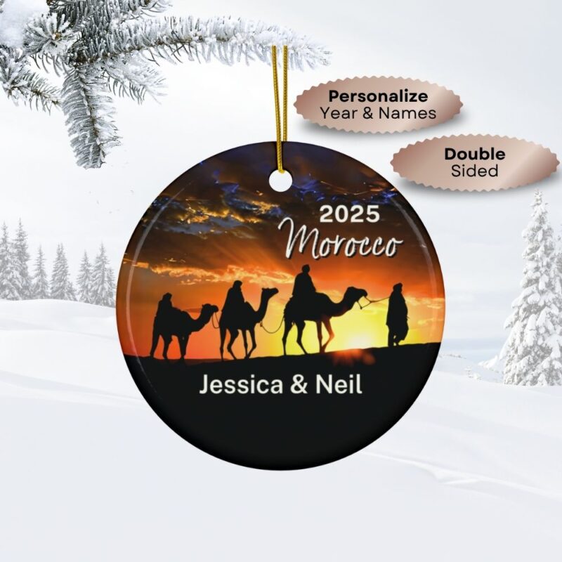 2025 Morocco Personalized Ornaments - Double-Sided: Camel Caravan over the Desert Dunes at Sunset