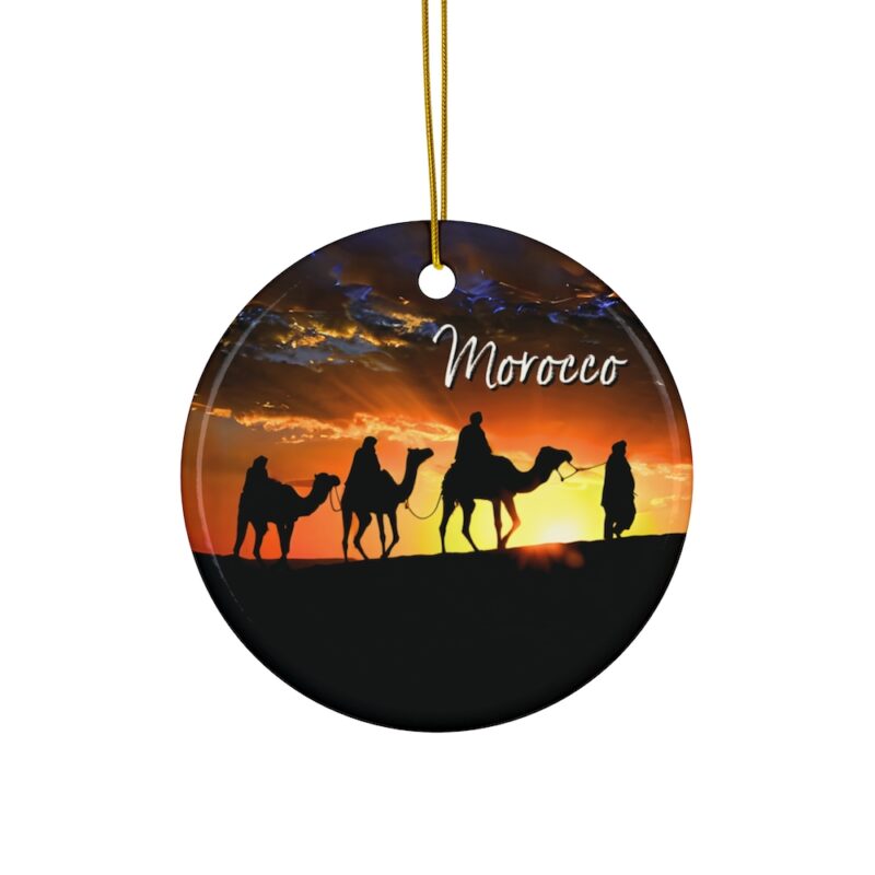 Morocco Ceramic Ornaments: Camel Caravan over the Desert Dunes at Sunset