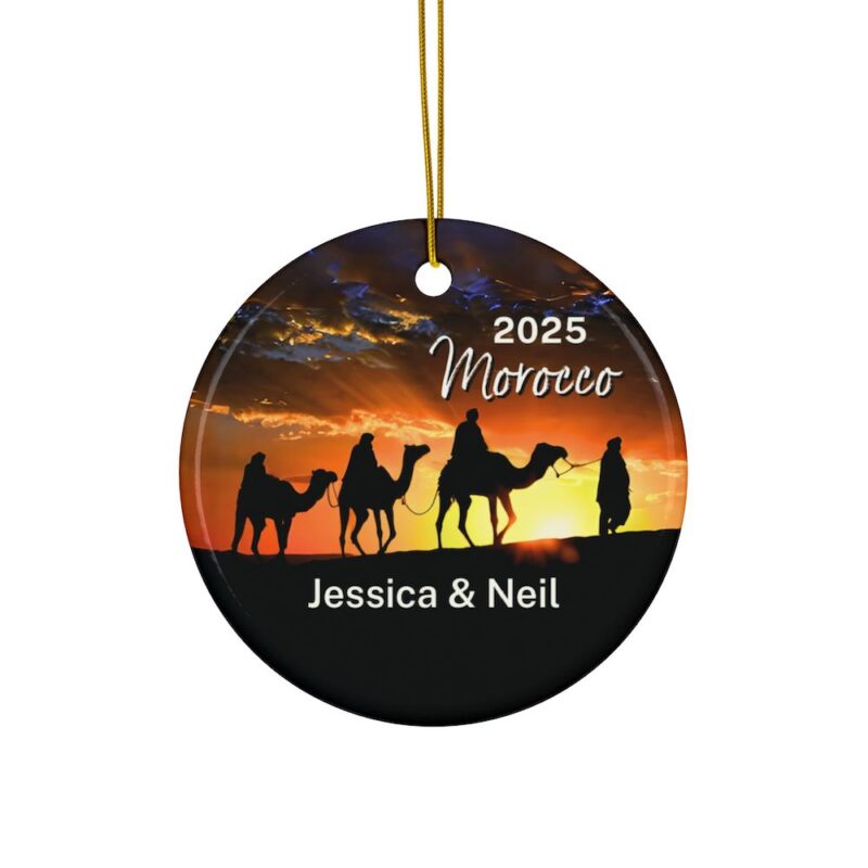 2025 Morocco Personalized Ornaments - Double-Sided: Camel Caravan over the Desert Dunes at Sunset