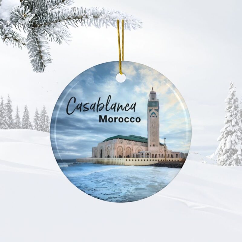 Casablanca Morocco Ceramic Ornament • View of Hassan II Mosque with ocean & blue skies