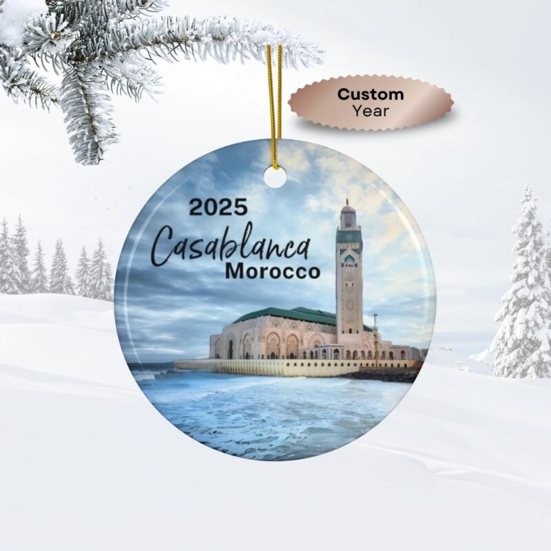 2025 Casablanca Morocco Ceramic Ornament • View of Hassan II Mosque with ocean & blue skies