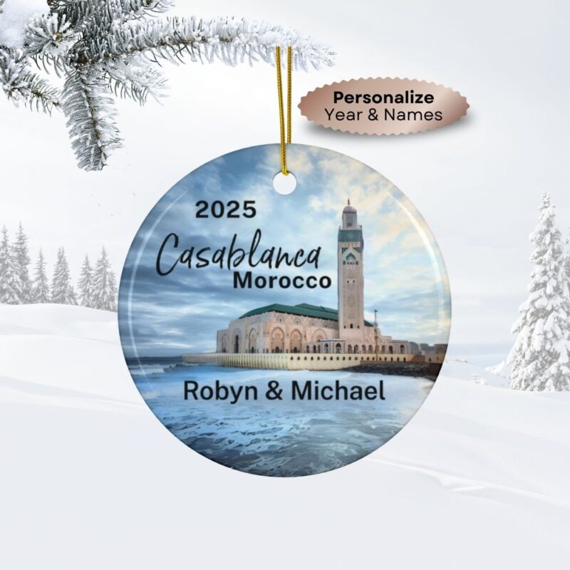 2025 Casablanca Morocco Ceramic Personalized Ornaments • View of Hassan II Mosque with ocean & blue skies