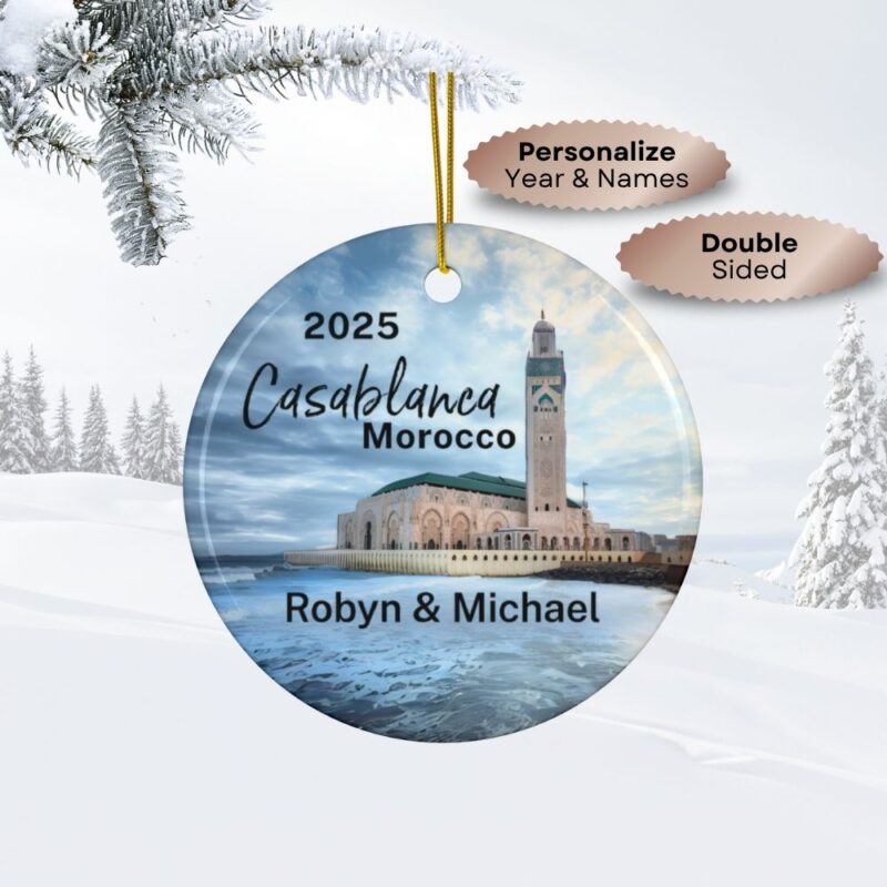 2025 Casablanca Morocco Ceramic Personalized Ornaments Double-Sided • View of Hassan II Mosque with ocean & blue skies