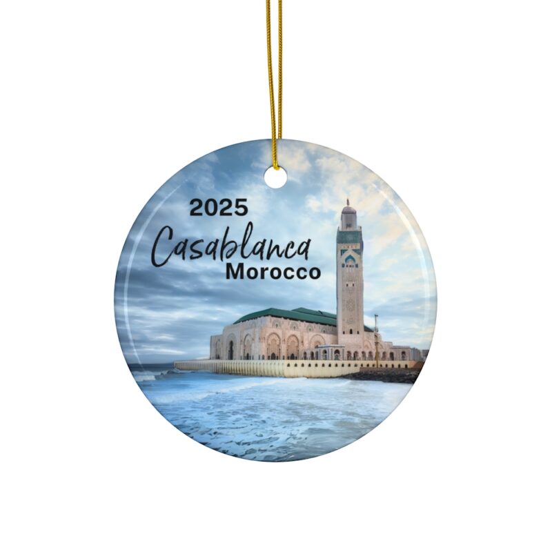 2025 Casablanca Morocco Ceramic Ornament • View of Hassan II Mosque with ocean & blue skies