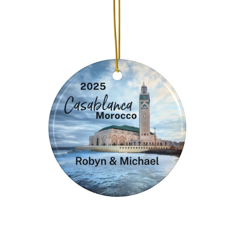 2025 Casablanca Morocco Ceramic Personalized Ornaments • View of Hassan II Mosque with ocean & blue skies