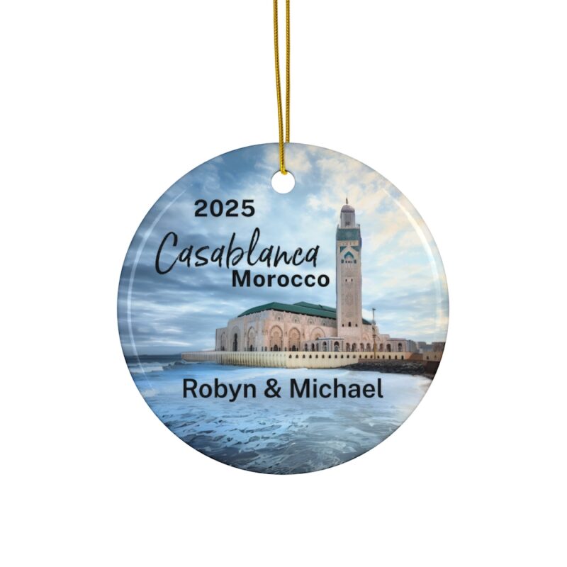 2025 Casablanca Morocco Ceramic Personalized Ornaments Double-Sided • View of Hassan II Mosque with ocean & blue skies