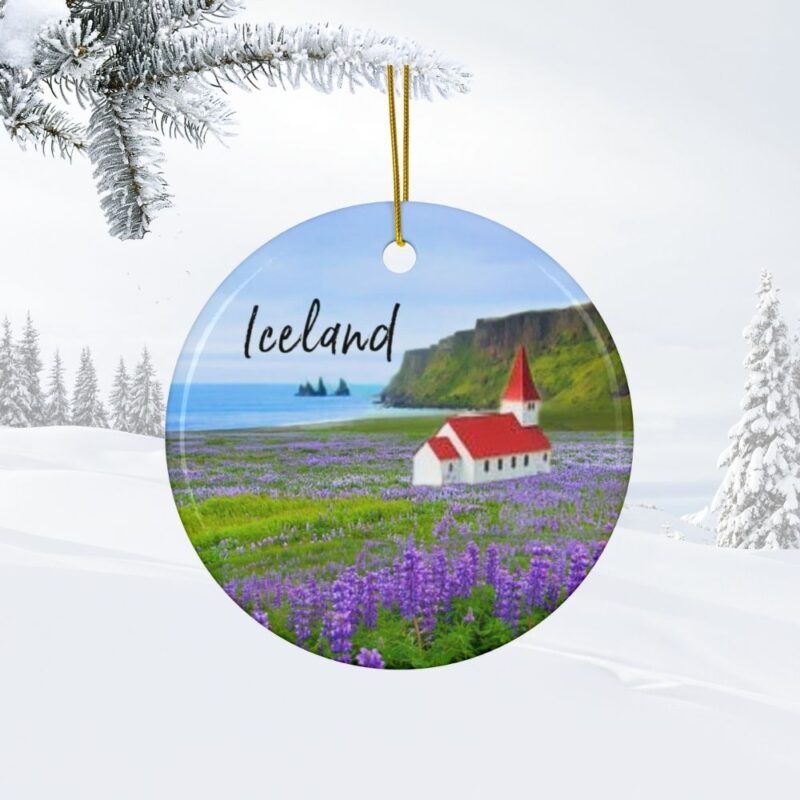 Iceland Personalized Ornaments: Field of Purple Lupines at Vik Beach