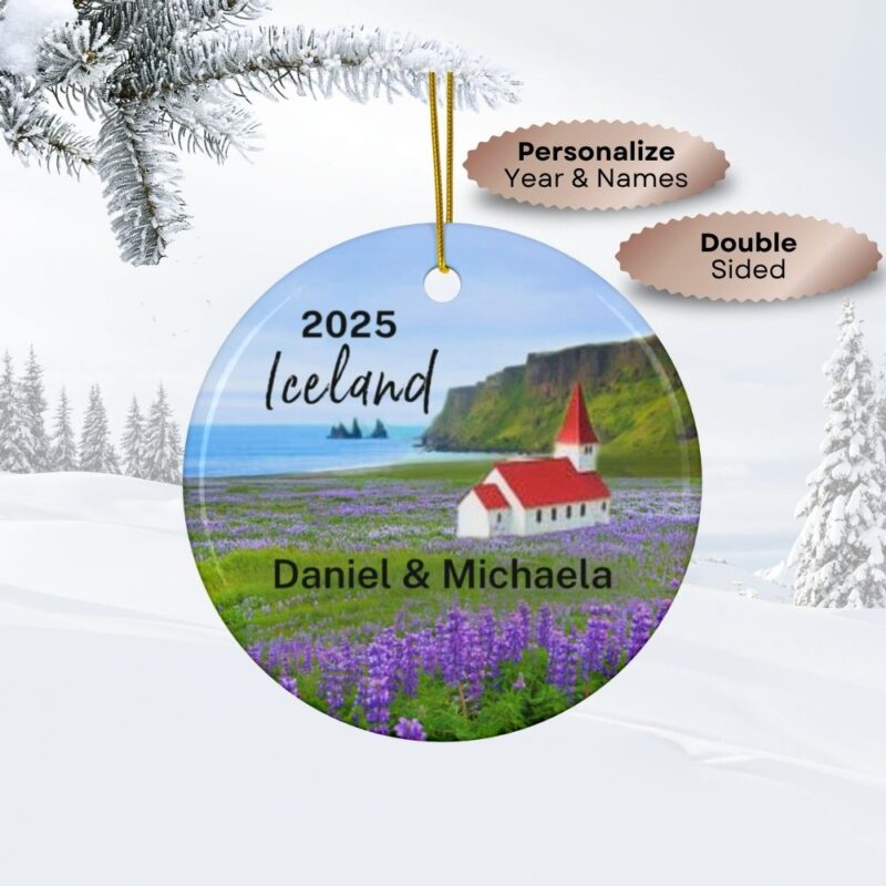 2025 Iceland Personalized Ornaments Double-Sided: Field of Purple Lupines at Vik Beach